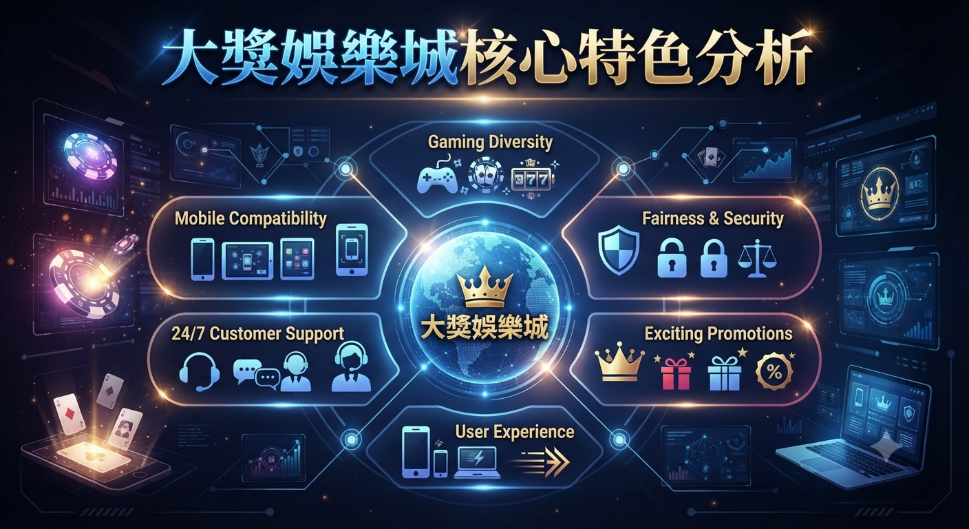 這張圖片以科技感十足的藍色基調展示了「大獎娛樂城核心特色分析」的主題。 畫面中心環繞著多項核心功能圖標與文字,呈現出專業且現代化的娛樂平台概覽。